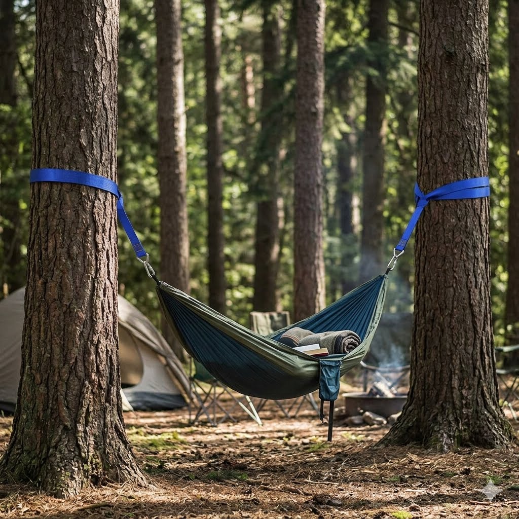 A green hammock suspended between two trees in a forest, with blue straps securing it. A person is lying in the hammock, and camping gear including a tent and fire pit are visible in the background.
