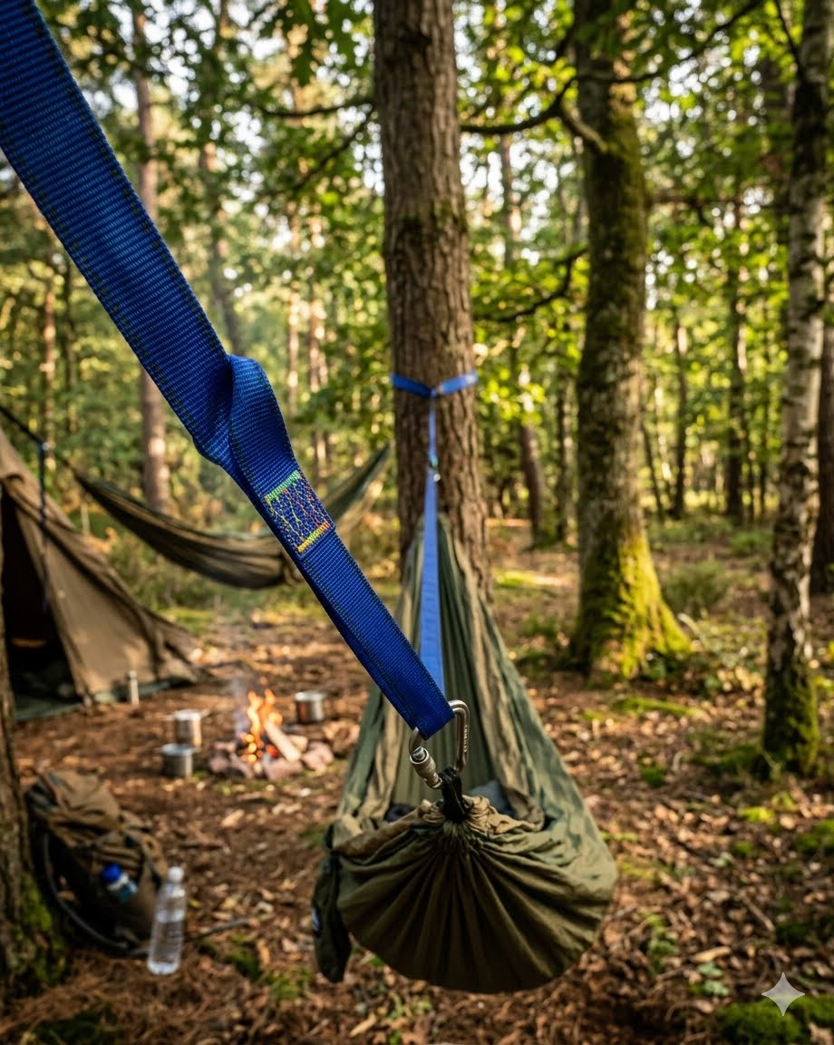 An olive green camping hammock suspended between trees in a forest, attached to a blue strap with a carabiner. A campfire, tent, and camping gear are visible in the blurred background.
