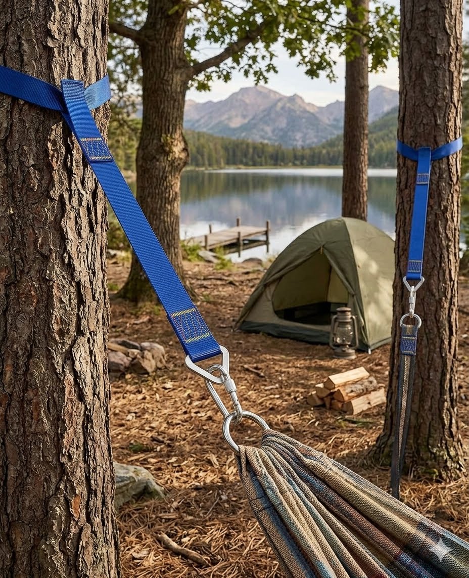 Blue camping hammock straps attached to two trees at a lakeside campsite, with a tent, logs, and mountains in the background.