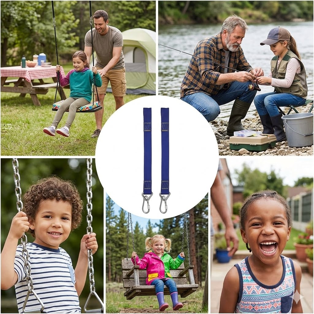 A collage showing outdoor family scenes with children using swing sets and fishing, plus a central circular inset displaying a pair of blue webbed hanging straps with metal hooks. Because real people and outdoor environments are present, the overall subject_type is Lifestyle rather than Product/Packaging, even though the product itself is shown clearly in the inset.