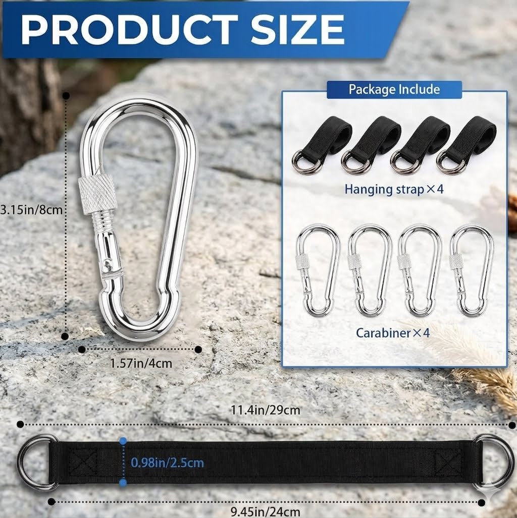 Product size diagram showing a silver carabiner and a black hanging strap with dimension measurements, plus a package include inset showing four black hanging straps and four silver carabiners on a rock background.