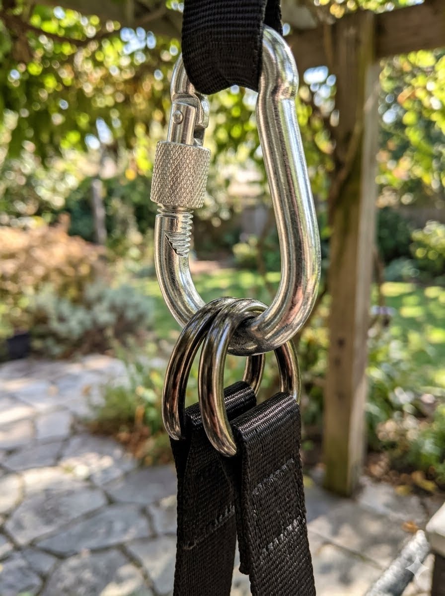 A close-up of a silver metal carabiner with a textured locking mechanism and three attached black webbing loops, hanging outdoors in a garden setting.