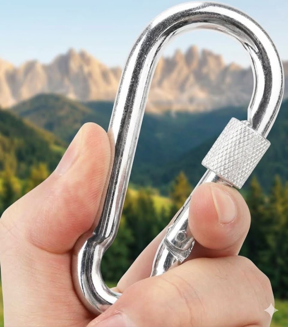 A close-up of a hand holding a silver metal carabiner against a blurred mountain and forest background.