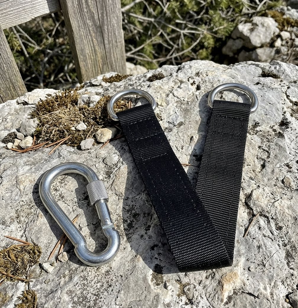 A black webbed strap with two silver metal D-rings and a separate silver carabiner, placed on a light gray rock outdoors with dry grass and a wooden fence in the background.