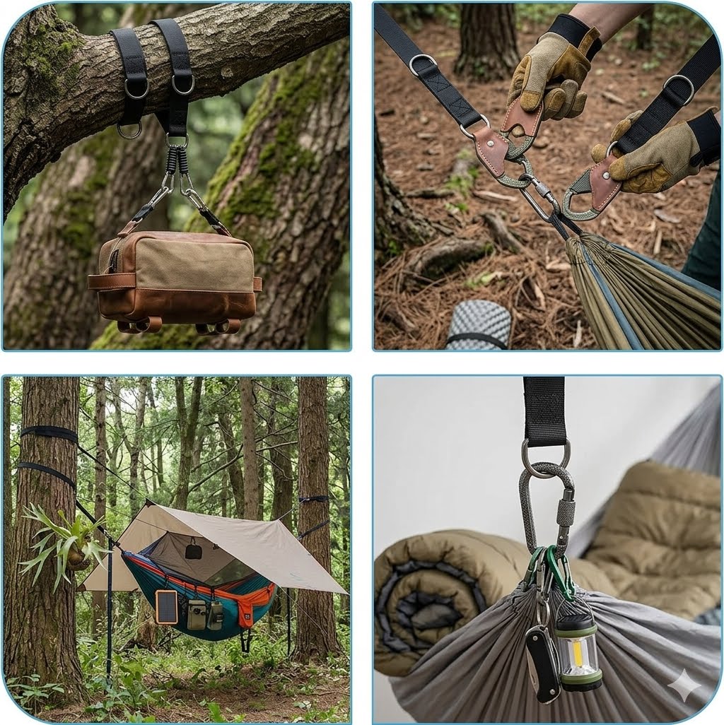 A four-panel collage showing a camping bag suspended from a hammock or tree in a forest setting. The top-left panel shows the bag hanging from a tree branch with straps attached.