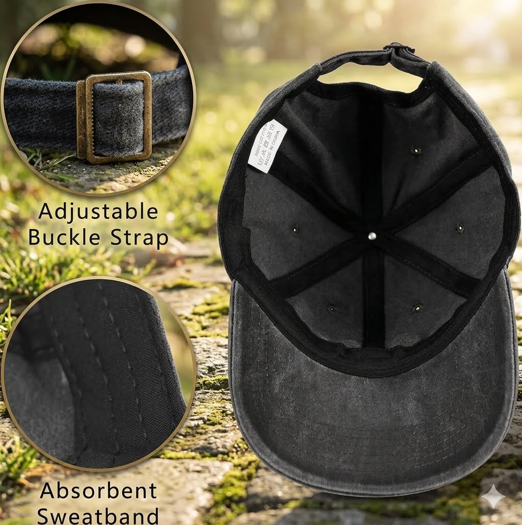 A black baseball cap shown outdoors on a mossy stone surface, with two circular inset detail views highlighting an adjustable buckle strap and an absorbent sweatband. Text labels describe these features.