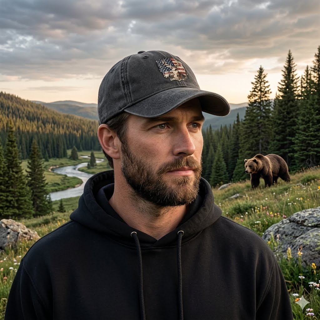 A man in a black hoodie and dark gray baseball cap stands in a mountain landscape with a river and pine trees, with a brown bear visible in the background. The cap features a small embroidered crest.