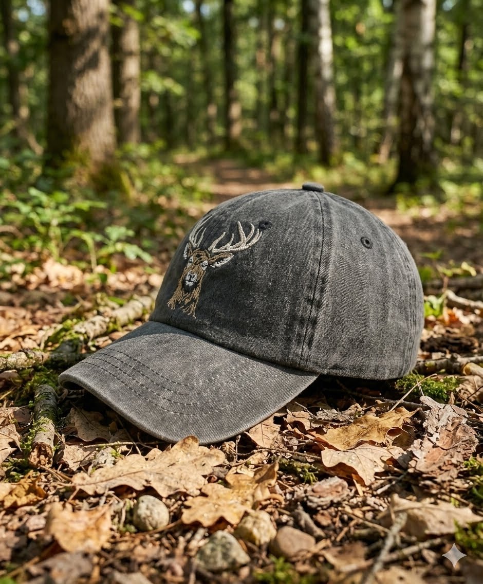 A dark gray washed baseball cap with an embroidered deer head logo, resting on a forest floor covered in dry leaves and moss.