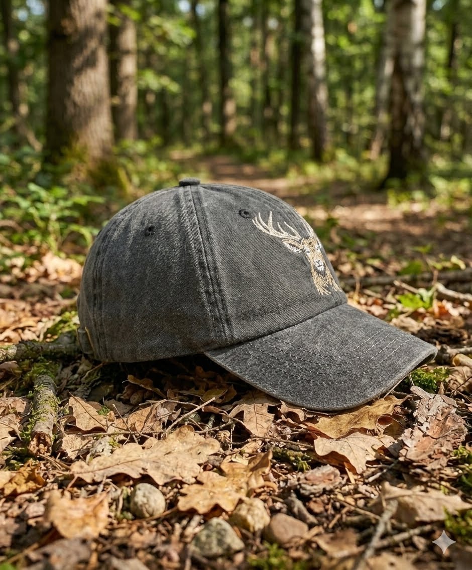 A dark gray washed baseball cap with a deer head graphic on the side, resting on a forest floor covered in dry leaves and moss.