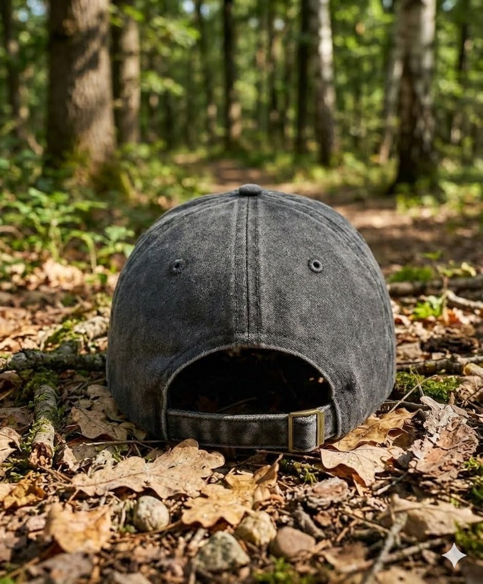 A dark gray washed baseball cap viewed from the back, resting on a forest floor covered in dry leaves and moss, with a blurred woodland background.