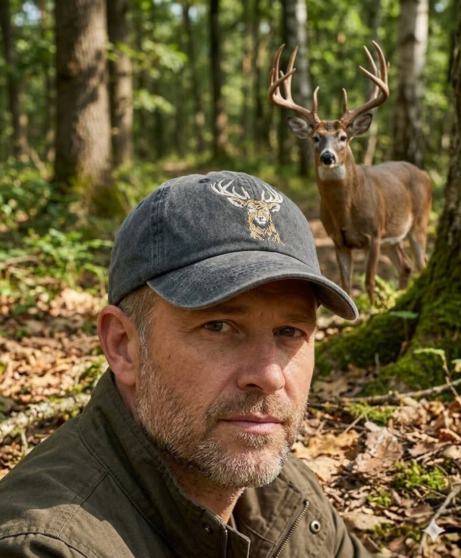A man wearing a dark gray embroidered baseball cap with a deer head logo and a brown jacket, photographed in a forest with a large buck standing behind him.