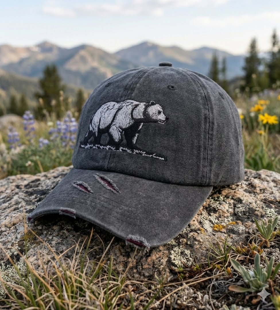 A dark gray distressed baseball cap with an embroidered black and white grizzly bear design, resting on a large rock in an outdoor mountain landscape with wildflowers.