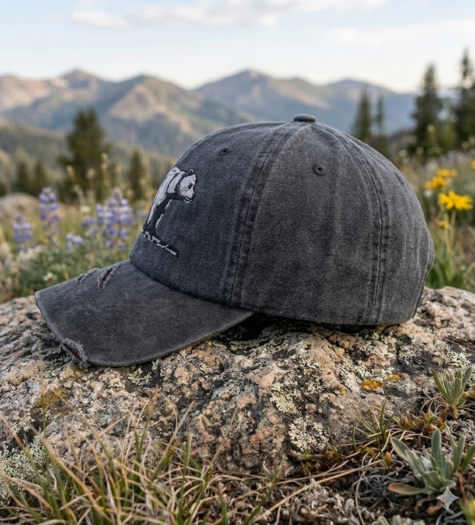 A dark gray washed baseball cap with a white embroidered mountain graphic and the word 'Pikes Peak' resting on a large rock with a mountain landscape in the background.