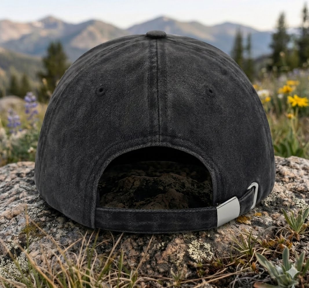 A washed black baseball cap with an adjustable snapback strap, resting on a large rock in a mountain meadow with pine trees and distant mountains in the background.