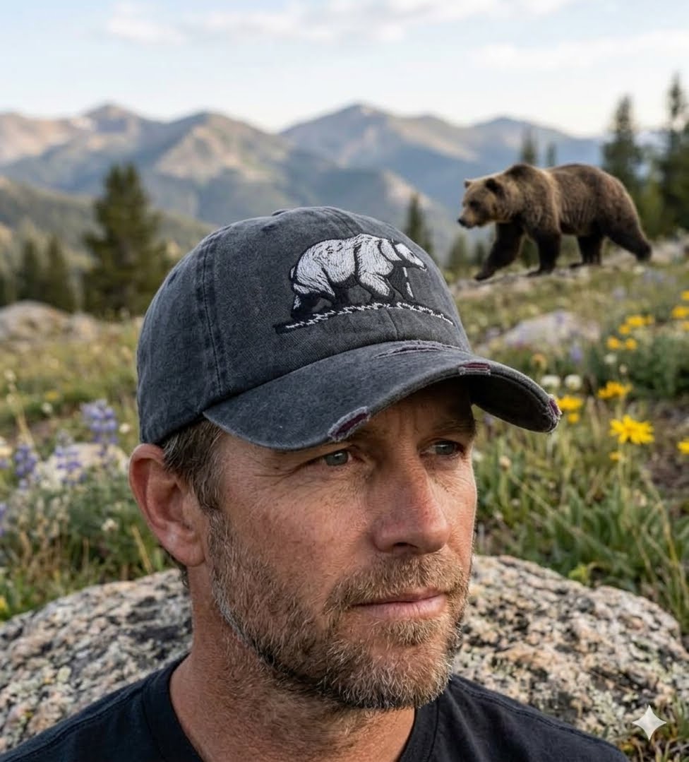 A man wearing a dark gray baseball cap with a black bear graphic and the brand name 'Grizzly' visible, set against a natural mountain landscape with a grizzly bear in the background.