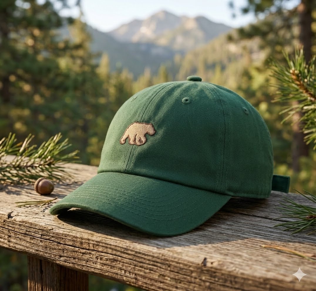 A green baseball cap with a small embroidered brown bear logo, resting on a rustic wooden railing with a blurred mountain and pine forest background.