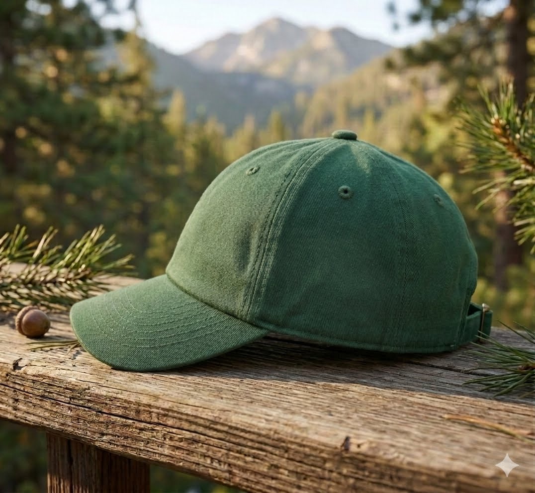 An olive green baseball cap resting on a rustic wooden railing with a blurred mountain and pine forest background.