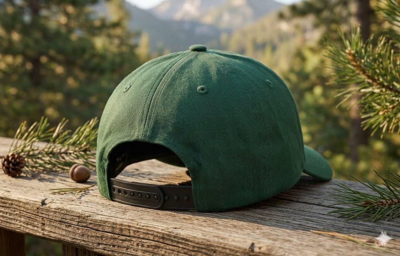 A dark green baseball cap with a black adjustable strap, resting on a rustic wooden railing with pine branches and a mountain forest background.