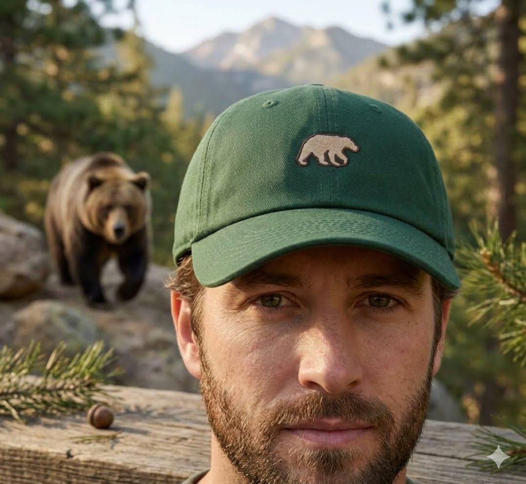 A man wearing a green baseball cap with a small embroidered bear logo, photographed outdoors with a grizzly bear and mountains in the background.
