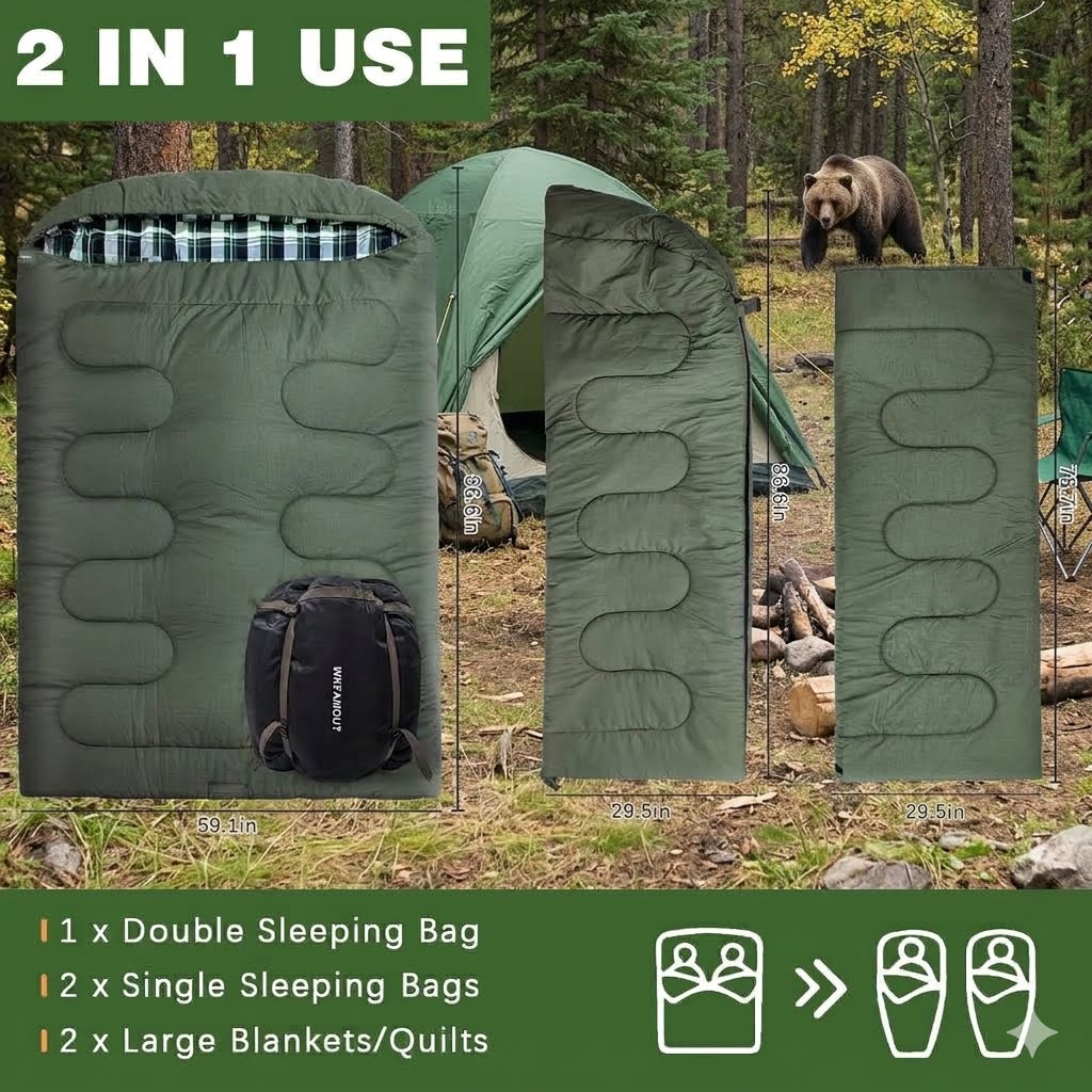 A camping sleeping bag set shown in a forest scene with measurement callouts and a green banner reading '2 IN 1 USE'. The set includes one double sleeping bag, two single sleeping bags, and two large quilts, plus a black backpack.