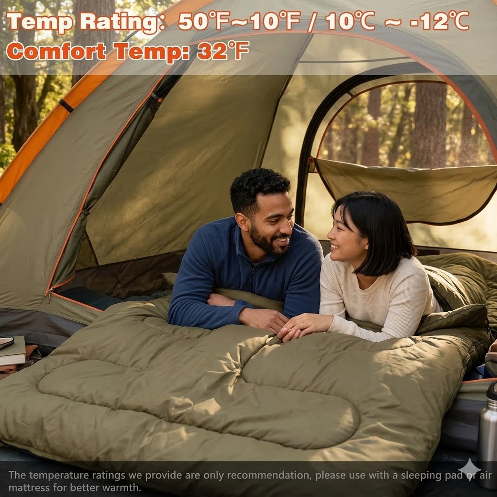 A couple lying under a green camping sleeping bag inside an olive green tent, with a forest background and overlaid temperature text reading 'Temp Rating: 50°F~10°F / 10°C ~ -12°C' and 'Comfort Temp: 32°F'.