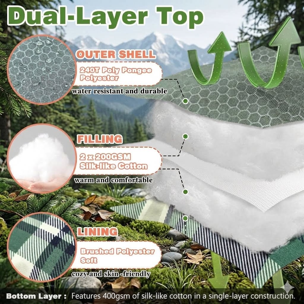 An infographic detailing the dual-layer construction of a fleece blanket, featuring a green forest background with text labels pointing to the outer shell, filling, and lining layers.