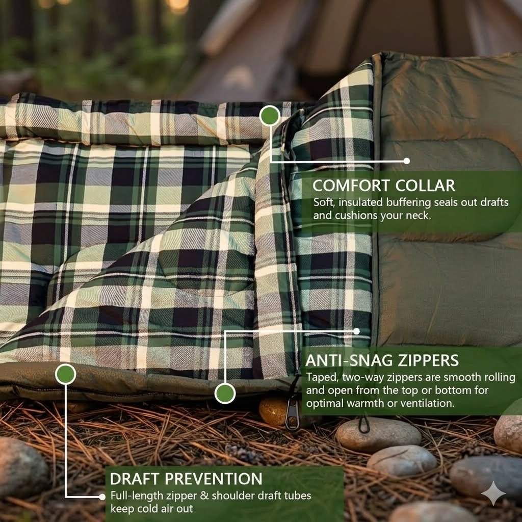 A close-up of a camping sleeping pad with a green, beige, and black plaid pattern, shown outdoors with pine needles and rocks. Text callouts explain features like the comfort collar, anti-snag zippers, and draft prevention.