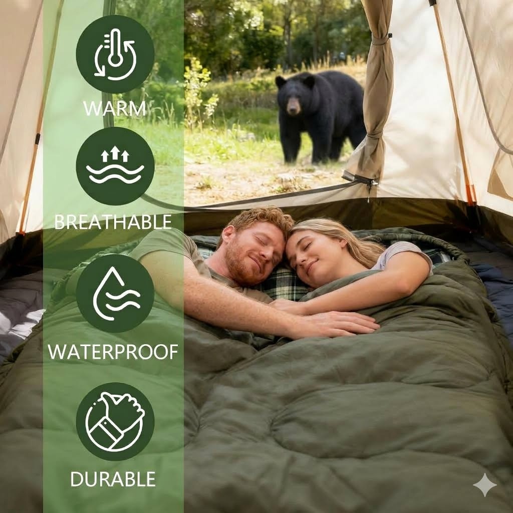 A couple sleeping comfortably in an olive green tent sleeping bag outdoors, with a black bear visible in the background. A vertical green overlay on the left lists product features: WARM, BREATHABLE, WATERPROOF, and DURABLE.
