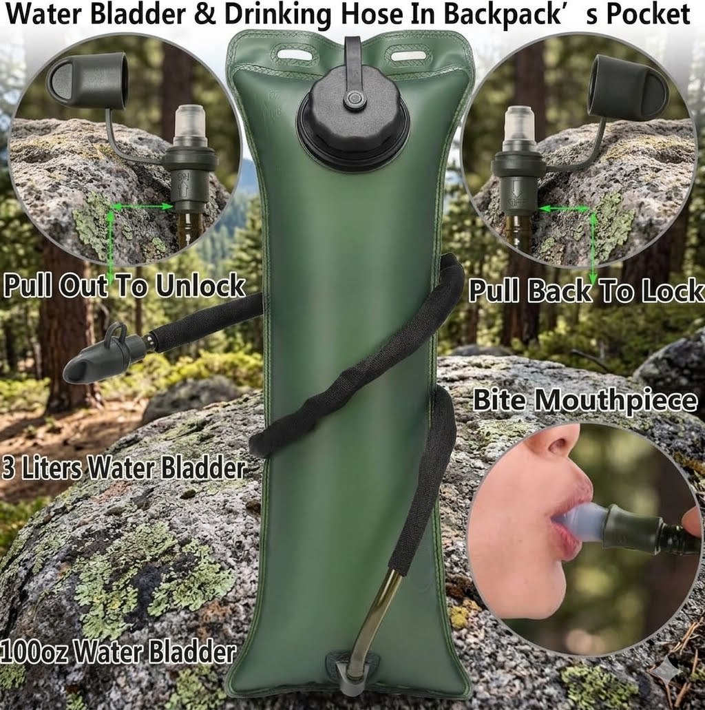 Green 1-liter water bladder with a black drinking hose and cap, shown on a rocky outdoor background with callout circles explaining features like unlocking by pulling, locking by biting, and mouthpiece use. big green bear biggreenbear.com