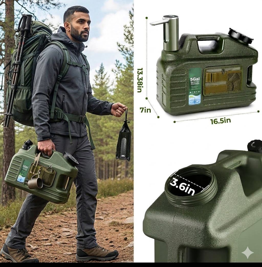 A man hiking outdoors carries an olive green portable water filter canister, with inset product views showing dimensions (13.38 in by 16.