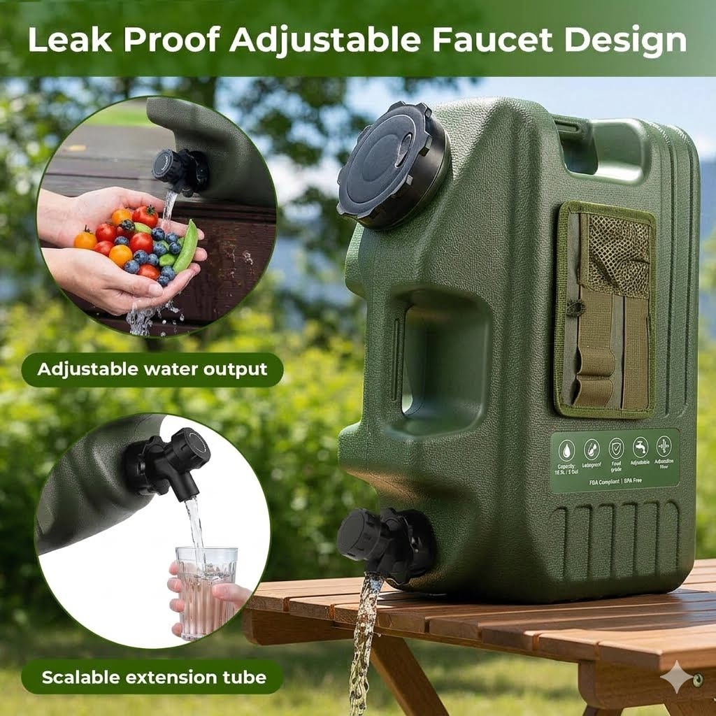 An olive green portable water tank with black faucet caps and spout, shown on a wooden table outdoors with text reading 'Leak Proof Adjustable Faucet Design' and two circular inset callouts demonstrating adjustable water output and a scalable extension tube.