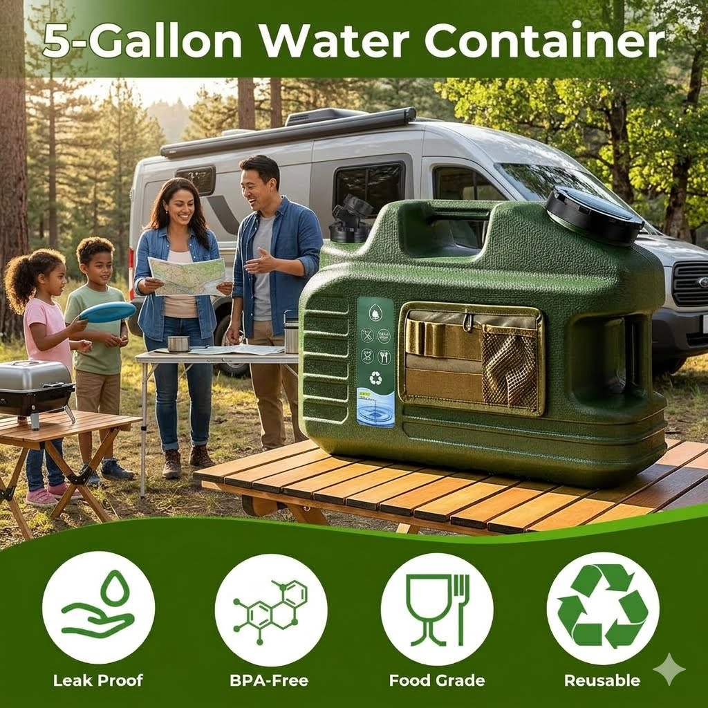 A 5-gallon water container in olive green is shown prominently in a camping scene with a family, a van, and trees in the background. The image includes a green banner at the top reading '5-Gallon Water Container' and a bottom strip with feature icons for 'Leak Proof', 'BPA-Free', 'Food Grade', and 'Reusable'.
