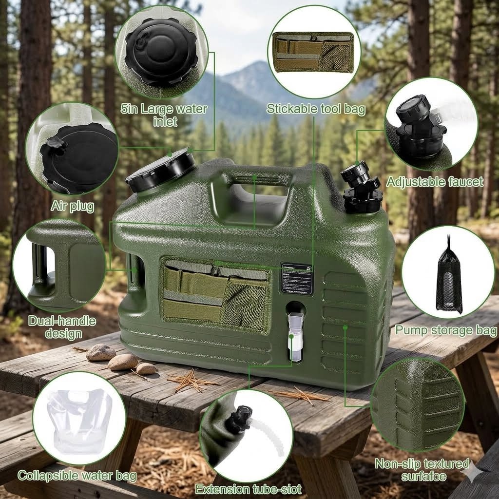 An olive green portable water filter canister displayed on a wooden picnic table in a forest setting, surrounded by circular callouts with labels pointing to features such as a large water filter, air plug, adjustable faucet, dual-handle design, pump storage bag, and collapsible water bag.