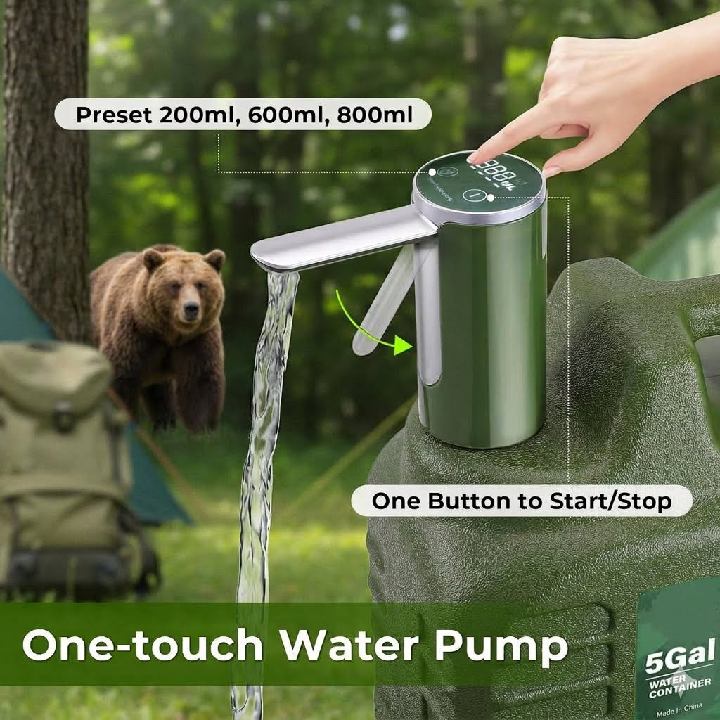 A portable one-touch water pump shown outdoors with a hand pressing its top button. The pump is mounted on a green 5-gallon water container, with overlaid text reading preset volumes and one-button start/stop.