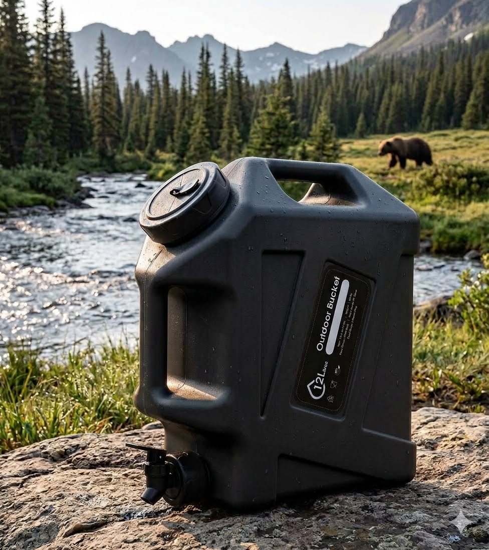 A black outdoor jerrycan with a built-in handle and spout sits on a rock beside a flowing river, with a forest and mountains in the background and a bear visible in the distance. big green bear