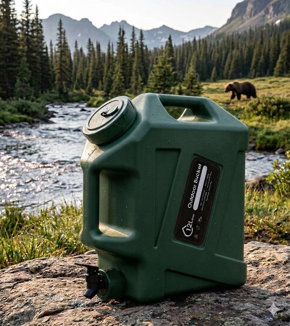 A green outdoor storage container with a spout and handle sits on a rock beside a flowing stream in a mountain landscape. A bear is visible in the background near a pine forest. big green bear