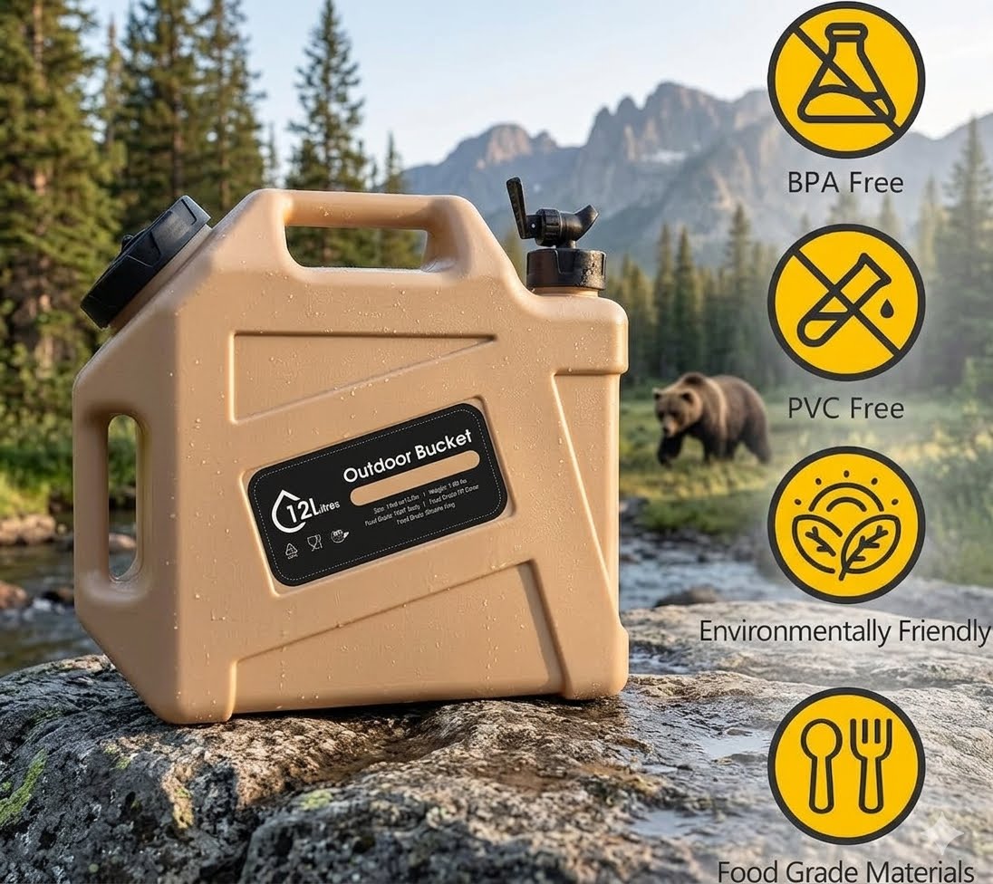 A tan outdoor bucket container with a black cap and spout, shown on a rock beside a stream with mountains and a bear in the background. Yellow circular icons on the right list features such as BPA Free, PVC Free, Environmentally Friendly, and Food Grade Materials.