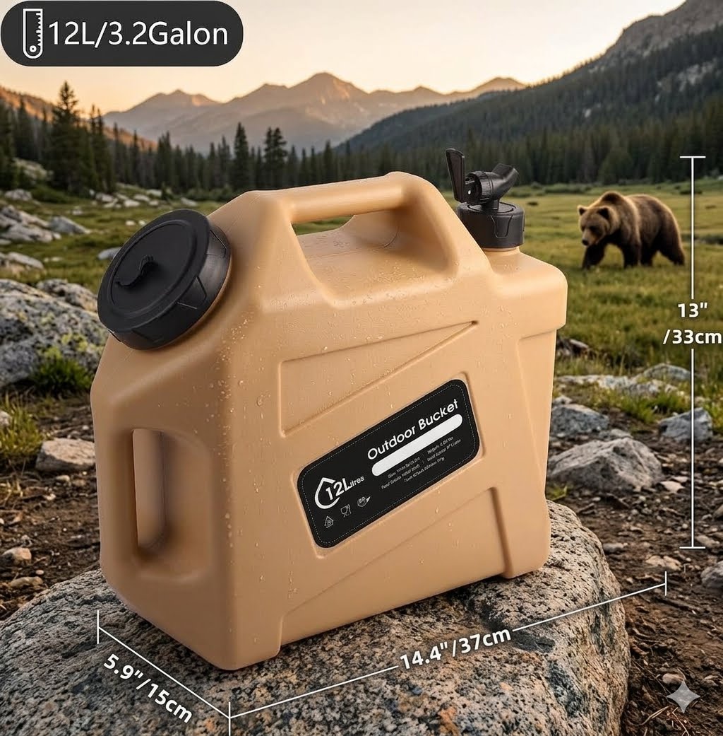 A 12L outdoor bucket in tan plastic with black caps, shown on a rock in a mountain landscape with a bear in the background. White dimension lines and text indicate size measurements of 14.