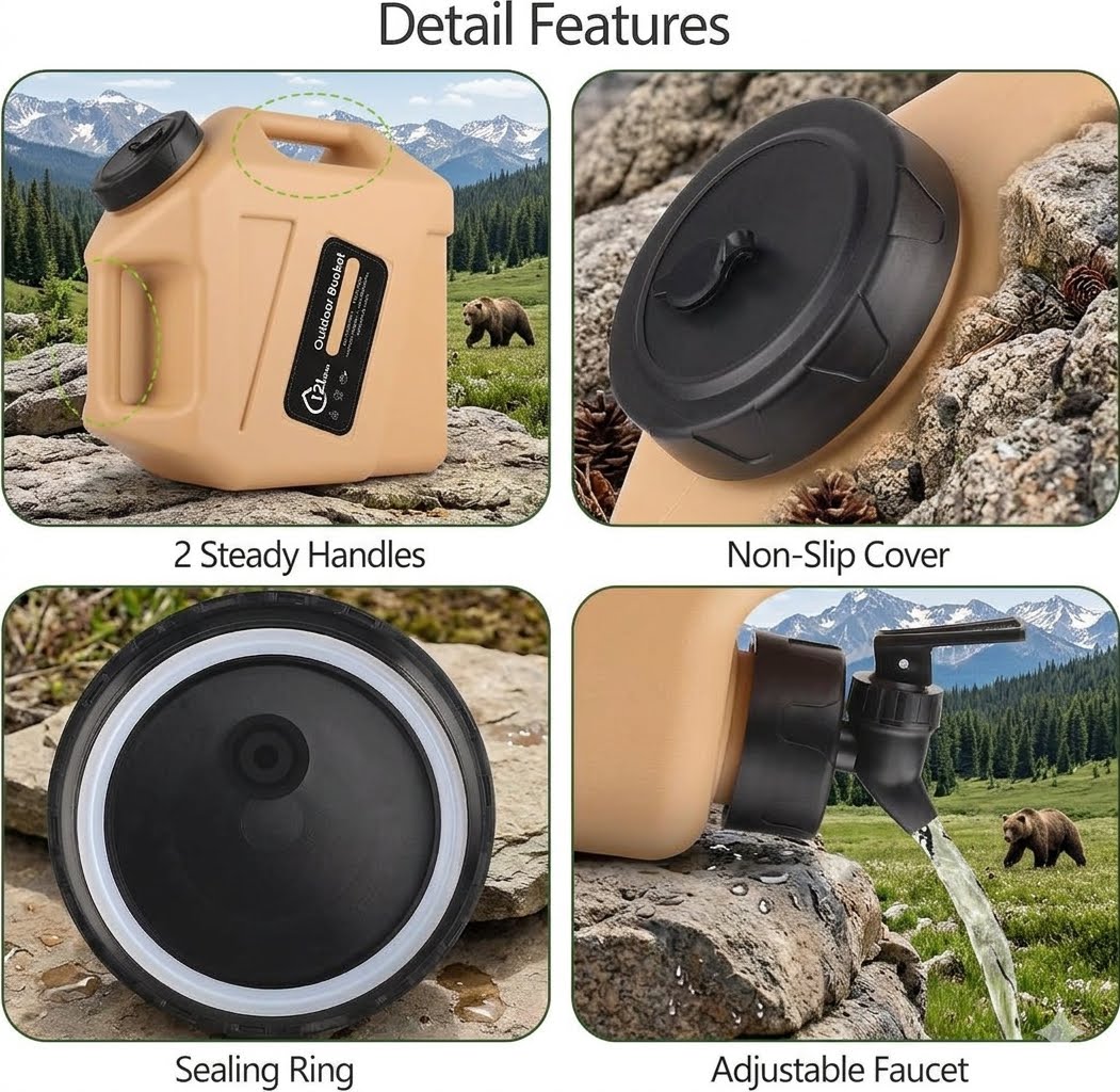 A 2x2 feature collage titled 'Detail Features' showing a beige outdoor water container with black accessories and mountain/grass background photos. Panels label: 2 Steady Handles, Non-Slip Cover, Sealing Ring, and Adjustable Faucet.