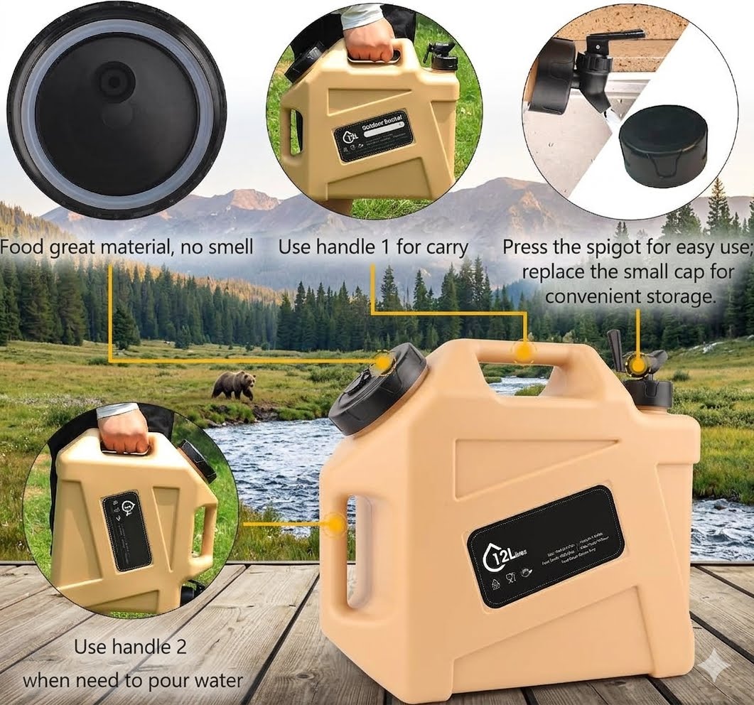 A beige plastic water tank with black caps and handles, shown on a wooden deck with a forest stream background. Circles at the top and left show close-ups of the cap, handle, and spigot, with callout text explaining use.