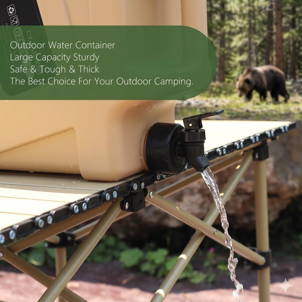Outdoor water container in a camping setting, shown mounted on a folding table with water flowing from a black spout. A green text banner overlays the top left, and a bear is visible in the forest background.