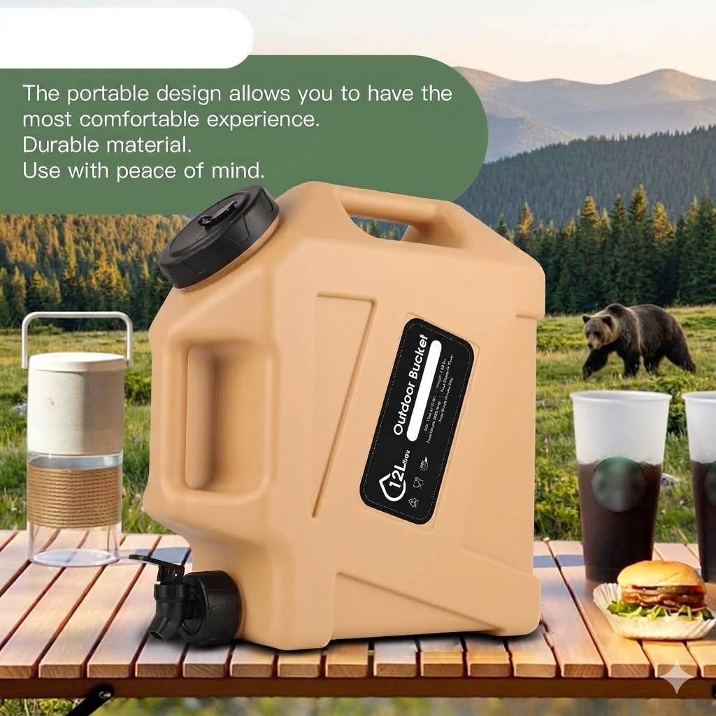A large beige outdoor water container with a black cap and spout is shown on a wooden table in a camping setting, with a bear in the background and promotional text in a green speech bubble.
