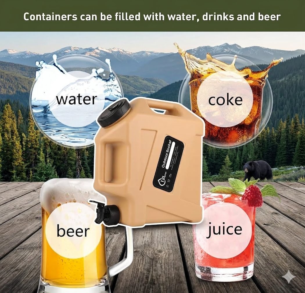 A beige plastic beverage container with a black cap and spout, shown on a wooden table with mountain scenery in the background. Circular callouts label water, coke, beer, and juice, with text at the top stating containers can be filled with water, drinks and beer.