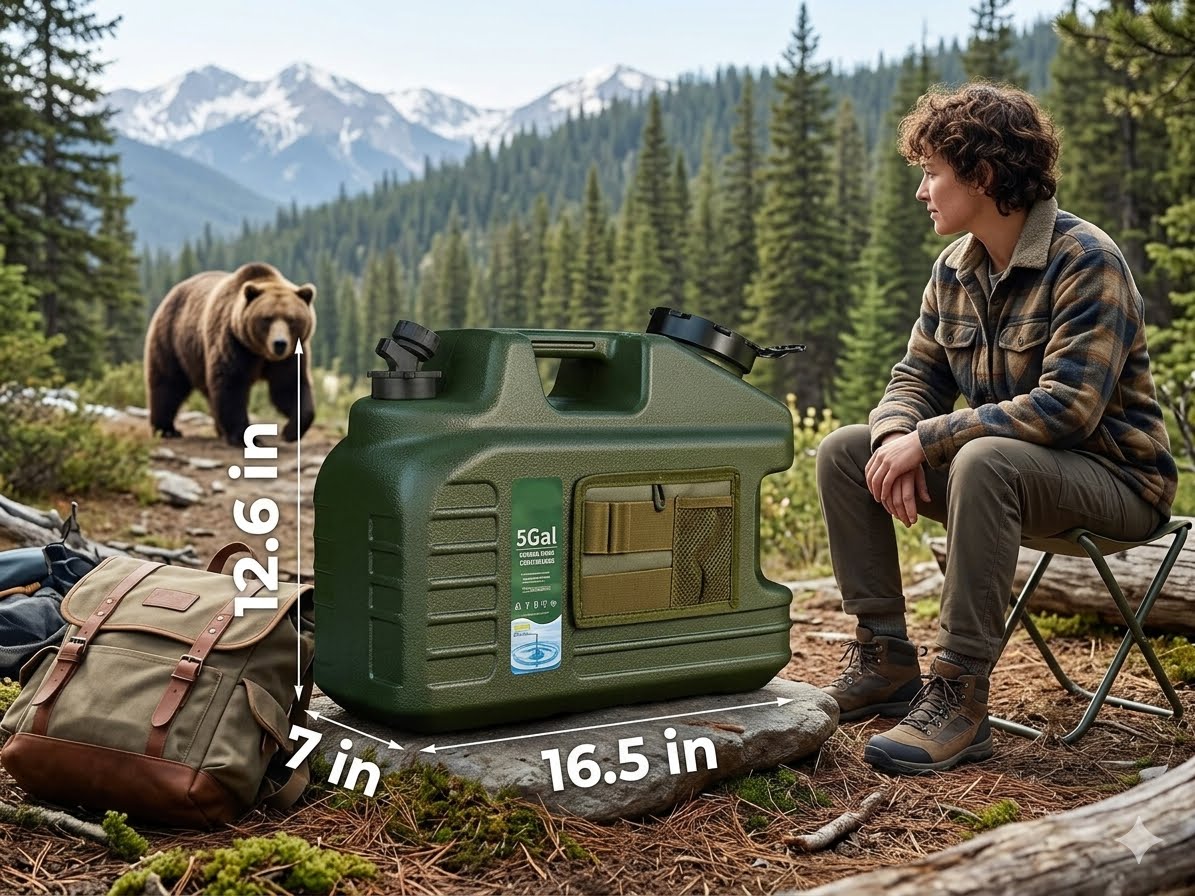 An outdoor camping scene with a large green 5Gal portable water filter can in the center, shown with dimension labels reading 12.6 in height, 7 in width, and 16.