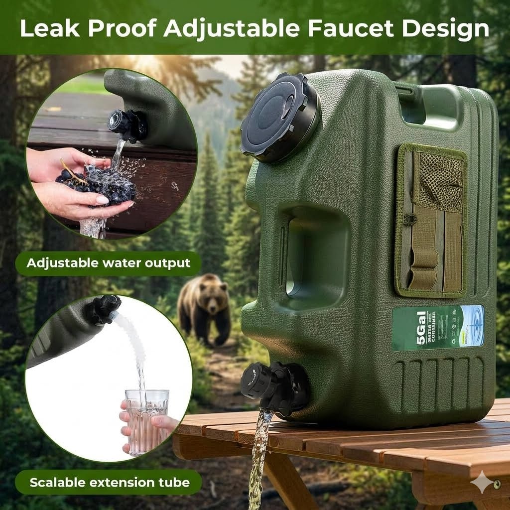 An olive green tactical-style water container with a black faucet spout and cap, shown on a wooden table with outdoor marketing text and circular inset photos demonstrating water output and extension tube use.