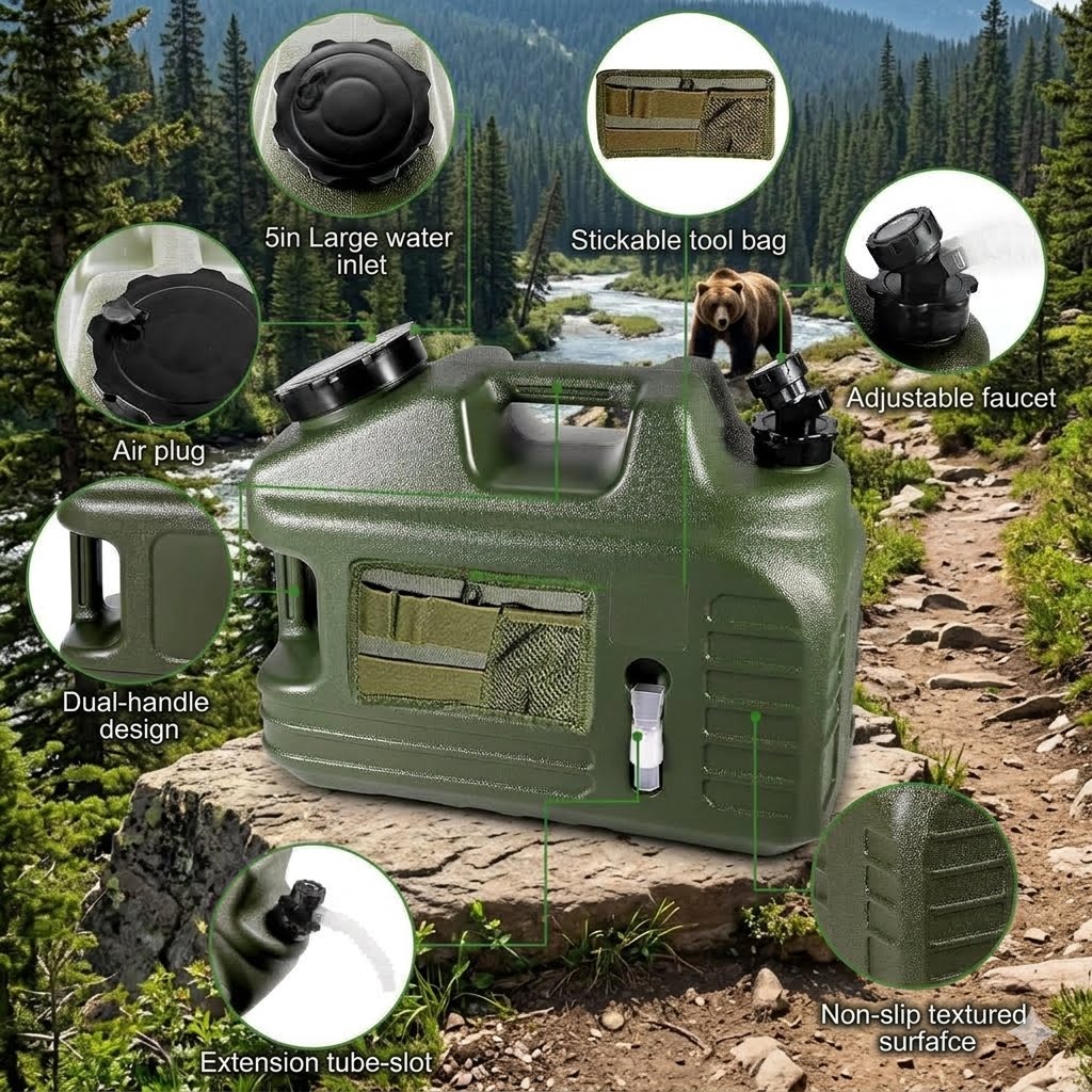 An olive green emergency water storage container shown outdoors on a forest trail, with callout circles highlighting features such as a 5-in large water inlet, air plug, adjustable faucet, dual-handle design, extension tube slot, and stickable tool bag.