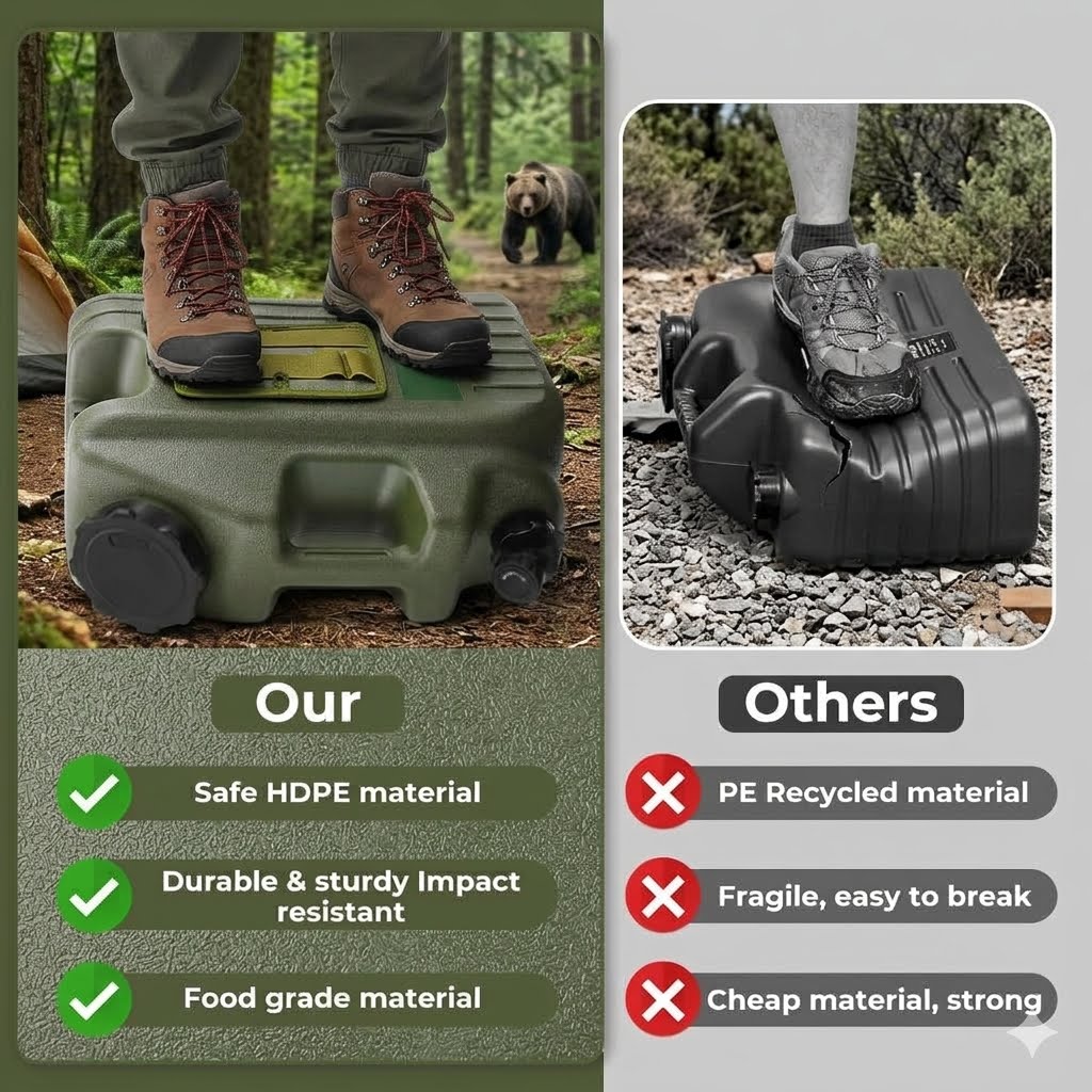 A promotional comparison graphic showing two outdoor product photos of a hard-sided fuel container/jug. The left panel, labeled 'Our', shows an olive green container with a person stepping on it in a forest and a bear in the background, with text calling out safe HDPE material, durability, and food-grade material.