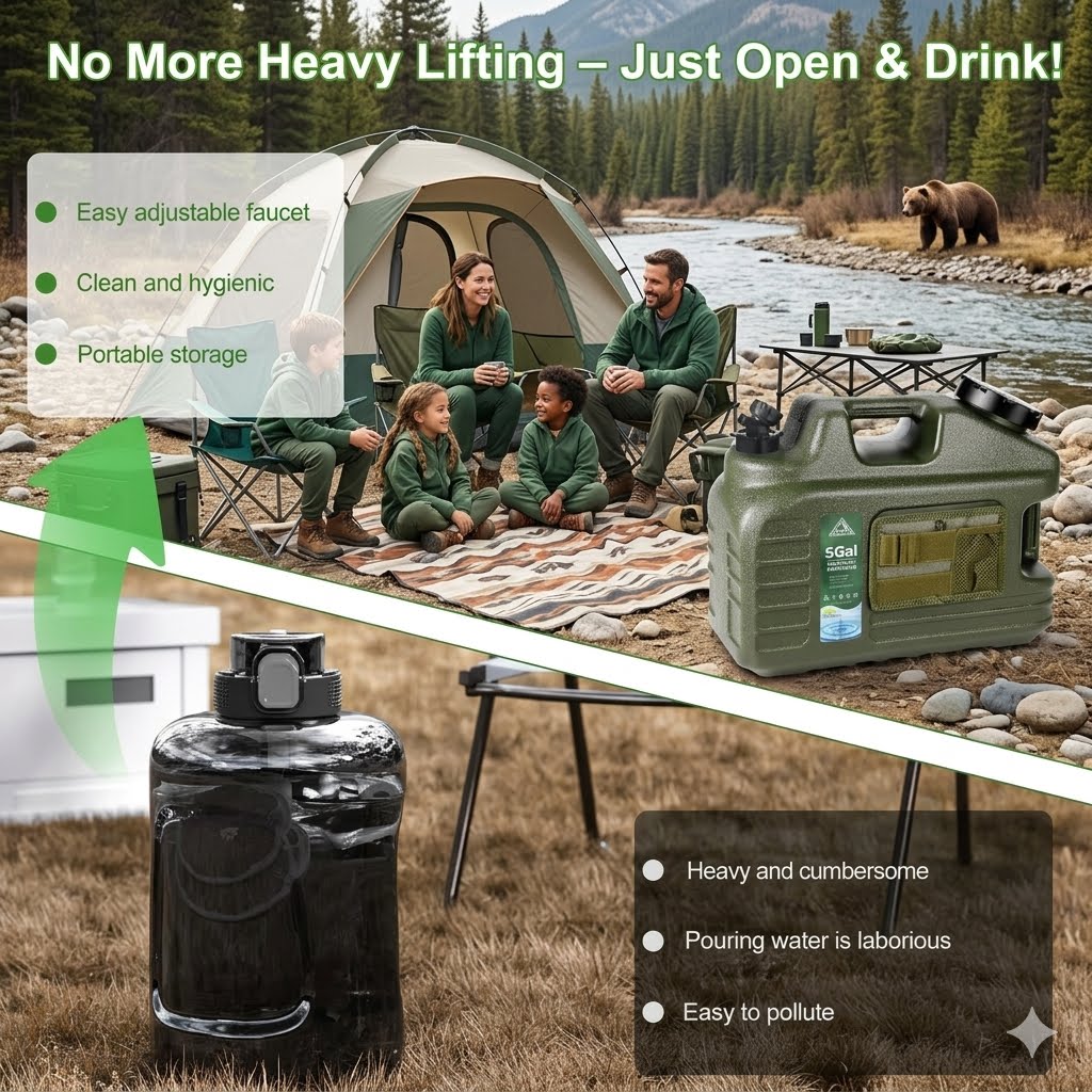 A promotional collage for a portable water filter/purifier bottle. The top half shows a family camping by a river with a green tent and the product displayed in the foreground; the bottom half shows a close-up of a black bottle with text comparing it to traditional heavy water filters.