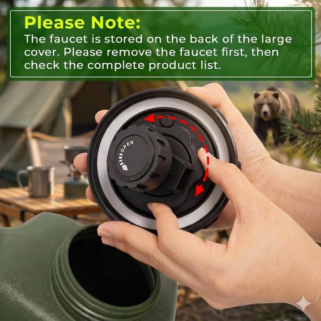 A person's hands are shown unscrewing the black faucet cap from a green camping water container, with a green text overlay explaining how to remove the faucet. A blurred outdoor camping scene with a bear is in the background.