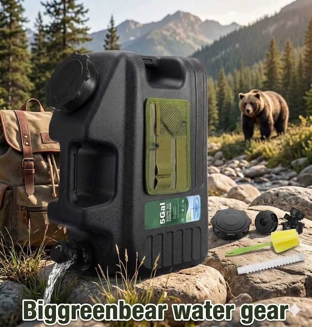 A large black 5-gallon water container with an olive green front panel stands outdoors in a mountain forest setting, with a bear in the background and camping gear nearby. Text at the bottom reads 'Biggreenbear water gear'.